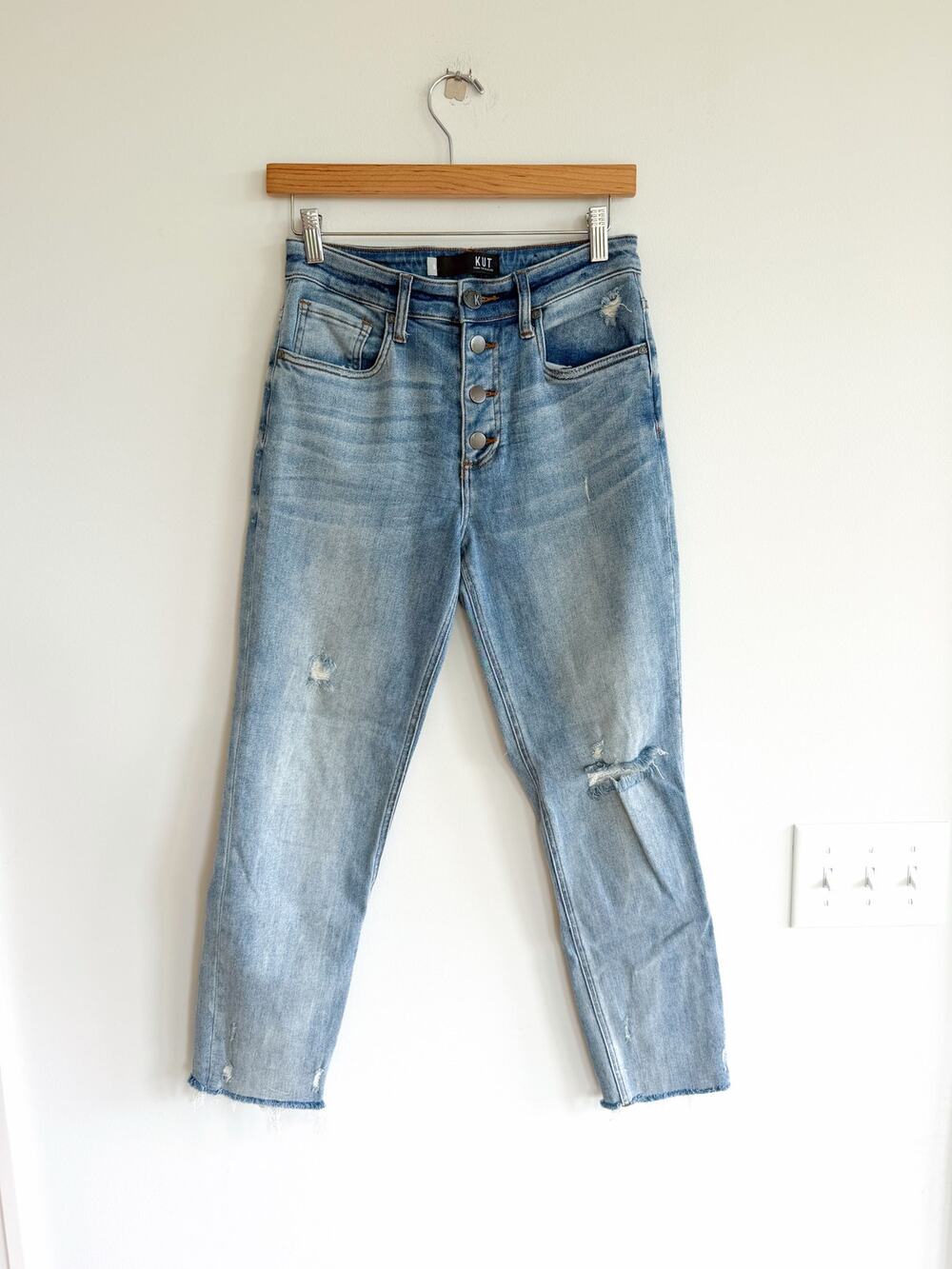 KUT From The Kloth Distressed Denim Button-Fly High Rise Straight Jeans Blue 0